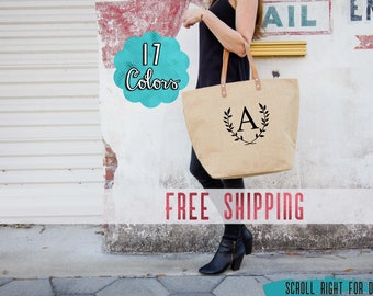 Bridesmaid Gift, Monogrammed Tote Bags with Pocket, Personalized Totes, Personalized Gift for Teen Girls, Burlap Weekender Bag, Travel Totes