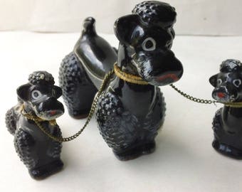 Mid Century Mod Trio Black Poodles Glazed Ceramic Figurines