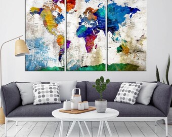 Large Wall Art Push Pin World Map, Push Pin, World Map, Wall Art Canvas, Push Pin Map, Navy Blue Wall Art, Pushpin World Map Print,