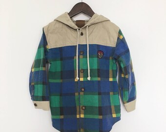 Vintage 90s Bugle Boy Plaid Flannel Hoodie, 6/7T