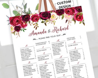 Wedding Seating Chart Alphabetical, Burgundy Wedding Seating Chart, Wedding Seating Chart, Wedding Seating Chart Poster, Wedding Decorations