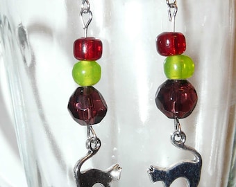Cat Earrings: cat, jewelry, earrings, cat lover, crazy cat lady, gift, cat jewelry, silver, red, silver, gift, mother, sister