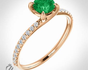14K Rose Gold Diamond And Emerald Engagement Ring Wedding Ring Bridal Ring