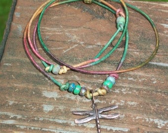 Colorful Rustic Copper Dragonfly On Gypsy Leather
