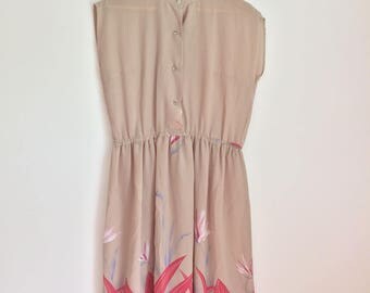 50s 80s Vintage Dress Beige Vintage Dress Size 8-10 Small S Floral Vintage Dress