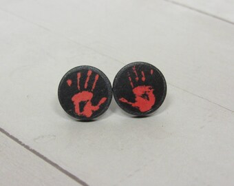 Bloody Hand prints Decoupage Stud Earrings - Horror lover gifts - Blood and Gore - Red and Black jewelry - Round stud earrings - Goth outfit