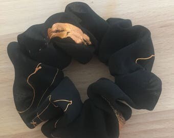 Large Handmade Unique Chifffon Scrunchie. Black with a random copper/gold pattern.
