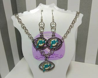Miami Dolphins Necklace & Earring Jewerly Set - Football Team Jewelry Set - Sports Jewelry Set - Charms Jewelry Set
