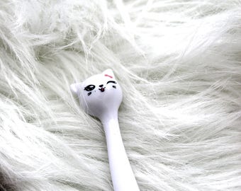 ONE White Kawaii Cat Pen, Cute Kitty Kawaii Pen, Gel Ink Pens, School Supplies, Christmas Gift Under 5, Fine Point Black Ink Pen, Cat Lady