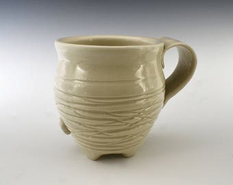 Creamy Lines White Mug, Creamy Mug, Footed Mug, White Pottery Coffee Cup, Coffee Mug, Creamy Pottery Mug, gift for her, gift for him