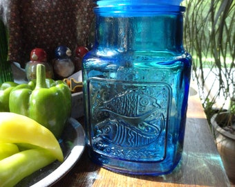 Wheaton Large Blue Glass Jar or Canister, Cookie Jar, kitchen storage Jar.