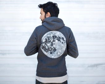 Full MOON zip up hoodie. unisex sweatshirt. men or women. fall fashion. moon screenprint on heather black zip hoodies. moon sweatshirt