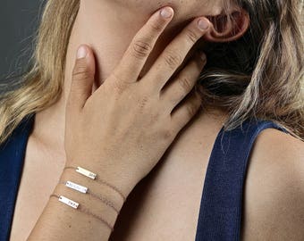 DOUBLE SIDED Small Bar Charm Bracelet, Miniature Chain Bracelet, Friendship Bracelet, Reversible, Custom ID Bracelet