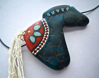 Horse Pendant, Lapis Pendant, Native American, Polymer Clay, Primitive Necklace, Horse Fetish, Custom Jewelry, Wearable Art