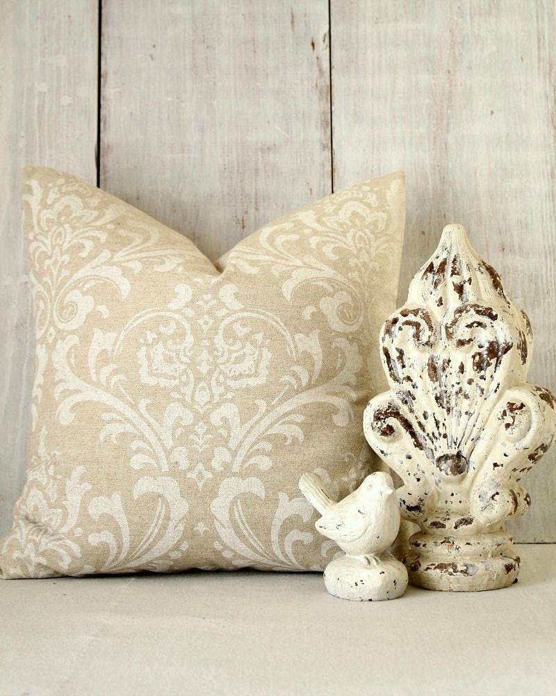 Tan Damask Throw Pillow Cover French Cottage Decorative