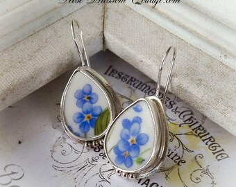 Petite Oval Broken China Jewelry Forget me Not Sterling Earrings
