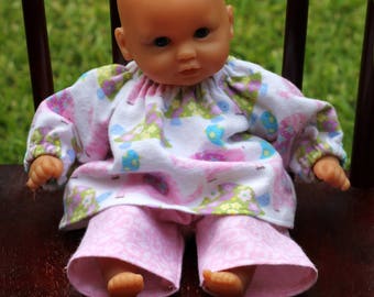 12 inch Corolle Doll Flannel Pajamas, 12 inch Huggums Doll Flannel Pajamas, Doll Top and Pants, Pink and Green Elephants and Turtles