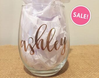SALE! Individual - Personalized Stemless Wine Glasses with Names in Gold - Contemporary Script - Bridesmaids Glasses