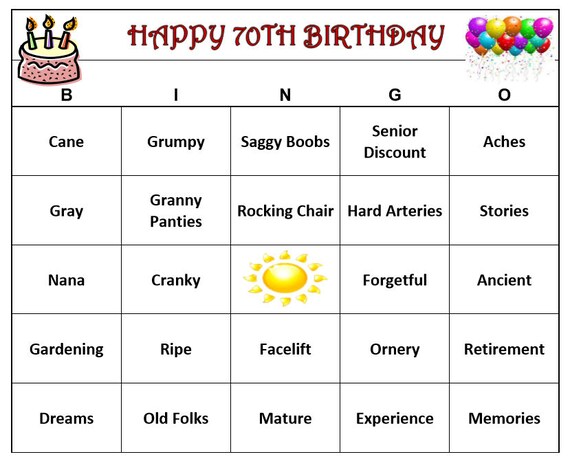 70th birthday party bingo game 30 cards old age theme bingo
