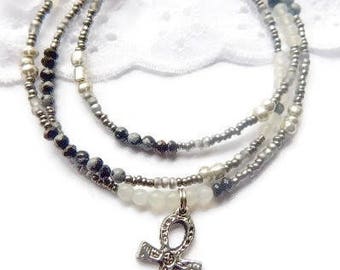 Egyptian Jade Waist Beads White Jade Waistbeads, Ankh Waist Beads, Black/White Waist Beads, African Waist Beads, Natural Woman Jewelry