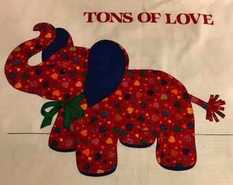 Tons of Love -- Vintage Fabric Panel -- elephant, valentines day, hearts, soft sculpture, stuffed animal, home decor