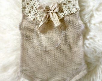 Newborn Neutral Lace Sweater Knit Romper Set baby girl sand