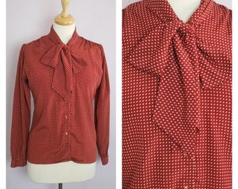 Vintage 1980's Rust Red Polka Dot Bow Tie Blouse M