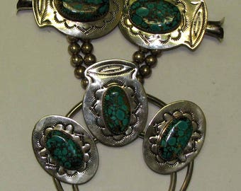 Sterling Silver Green Turquoise Squash Blossom Necklace