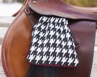 Ready to Ship Stirrup Covers - Black, White, Maroon Houndstooth Print Reversible - Cozies // Bags // Burgundy // Crimson