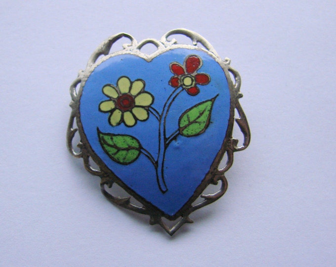 Vintage Siam Sterling Blue Enamel Niello Brooch / Heart Motif / Floral / Jewellery / Jewelry / Jewellery