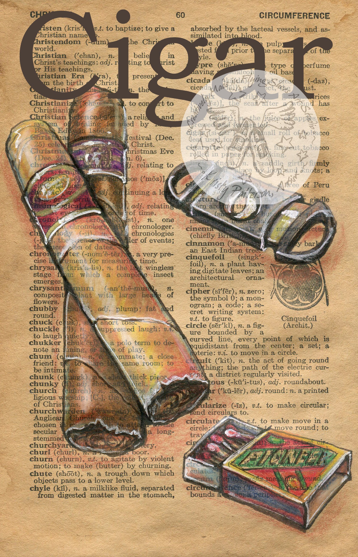PRINT: Cigar Mixed Media Drawing on Antique Dictionary Page