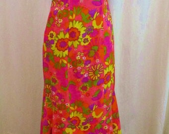 Vintage 60s Mod Hawaiian Flower Power Dayglo Pink Fishtail Dress S XS 36" Bust
