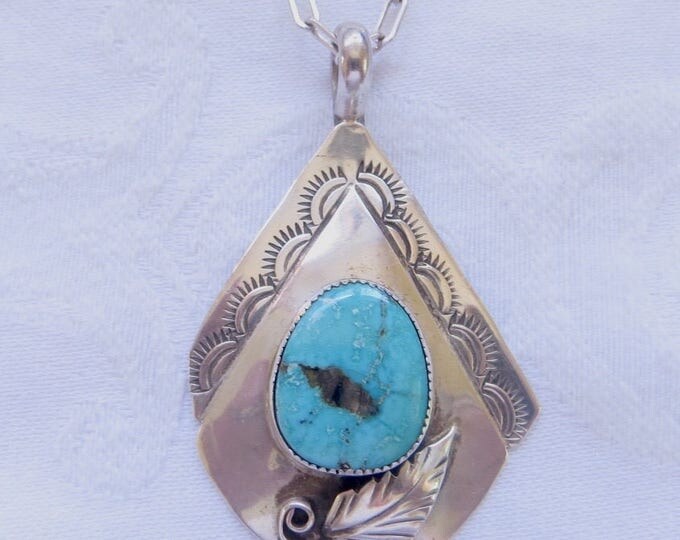 Navajo Sterling Turquoise Necklace, Artisan Signed Lucille Calladitto, Vintage Native American Jewelry
