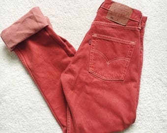 Vintage Levi's 501 Red Pink Levi Strauss High Waisted Reworked Distressed Jeans Waist Size 26