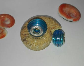 Glass beads and silver metal, sky blue round embossed pattern