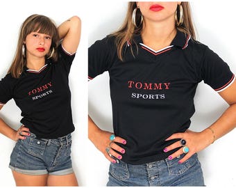 90s Tommy Hilfiger Crop Top - Vintage 90s Tommy Hilfiger Crop T-Shirt - 90s Preppy Sporty Spice Embroidered Tommy Sports Black Polo Shirt