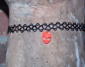 CHOKER: Neon Pink Alien Tattoo Choker Necklace 90s Grunge Hip Trendy Goth Retro