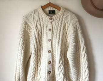 Vintage Chunky Cream Handknitted Aran Cardigan - Irish Cableknit - 100% Pure Wool