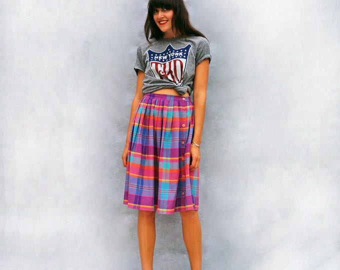 High Waisted Skirt, Vintage Check Skirt, Pink Tartan Skirt, Pleated Check Skirt, Cotton Skirt, Midi Skirt, Vintage 70s Skirt, Knee Length