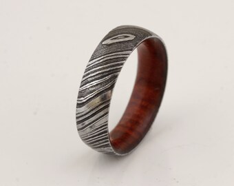 wood ring DAMASCUS steel ring wood wedding band man ring COCOBOLO