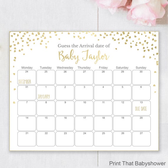 guess-the-due-date-gold-baby-shower-games-baby-shower-birthday