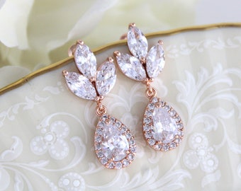 Rose Gold earrings, Wedding jewelry, Bridesmaid earrings, Bridal earrings, Crystal earrings, Wedding earrings, Teardrop earrings, Simple