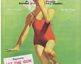1941 Saturday Evening Post Girl Being Dunked Swimming Pool Artwork Cover Only