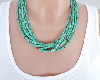 SALE, Turquoise Heishi Bead Necklace, Native American Made, Sterling Clasp, Multi Strand, Sterling Cones and Clasp, Genuine Turquoise