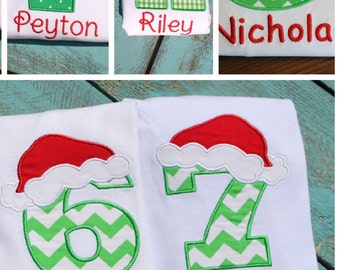 Personalized Santa Hat Shirt, Santa Birthday, Christmas Santa Hat Top, Personalized Number Shirt, Monogrammed Letter and Number shirts