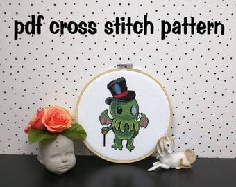 Gentleman Cthulhu Cross Stitch Pattern, Dapper Sir Cthulhu Embroidery, Geeky Needlepoint, Funny Tentacled Hoop Art - PDF, Instant Download