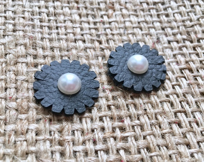 Leather Flower Posts, Leather Flower Studs, Flower Earrings, Leather Earrings, Black Leather Studs, Rivet Earrings, Flower Studs