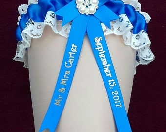 Something Monaco Blue Personalised Wedding Garter with Lucky Sixpence