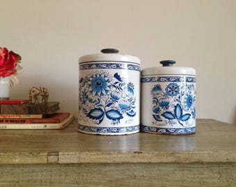Set of Blue White Tin Canisters Floral Lids Hand Painted Knobs Ransburg
