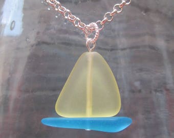 Sea Glass Jewelry ~ Sailboat Necklace ~ Nautical Jewelry ~ Sailing ~ Yellow & Aqua Seaglass ~ Christmas in July ~ Beach Coastal Jewelry